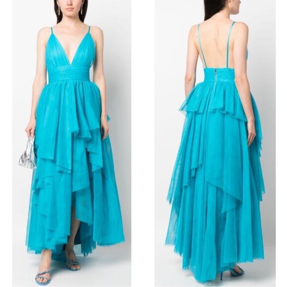 Alice + Olivia Doja V Neck Tulle High Low Tiered Blue Maxi Gown Size 8 - Picture 4 of 16